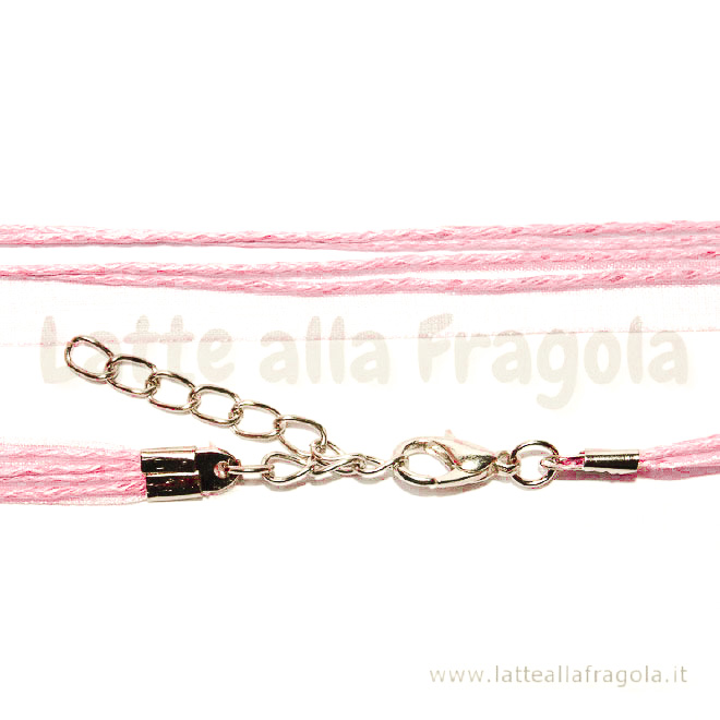 Collana in organza e cotone cerato rosa 43cm e catena allungamento toni argentati