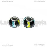 Perla in Lampwork Nero righe gialle e azzurre foro largo 13x8mm