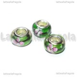 Perla in Lampwork Fiori Rosa sfondo verde foro largo 13x8mm