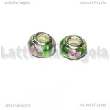 Perla in Lampwork Fiori Rosa sfondo verde foro largo 13x8mm