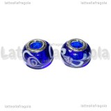 Perla in Lampwork Blu con rose foro largo 13x10mm
