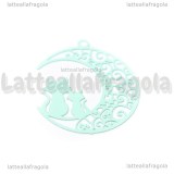 Ciondolo Filigrana Gatti su Luna in ottone smaltato azzurro 25x20mm