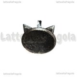 Base Testa di Gatto in metallo argento antico per cammei 25mm