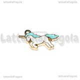 Charm Unicorno in metallo dorato smaltato criniera azzurra 20x15mm