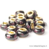 Perla in lampwork nero pallini lilla foro largo 14x8mm
