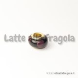 Perla in lampwork nero pallini lilla foro largo 14x8mm