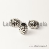 Spaziatore botte fiori foro largo in metallo argento antico 10x8mm