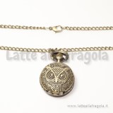 Orologio apribile color bronzo Gufo in rilievo 27mm con collana 85cm