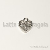Ciondolo cuore in metallo argentato con pavé di strass 11.50x14mm