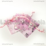 Sacchetto in organza rosa fiori argentati 50x70mm circa