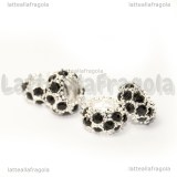 Rondella foro largo puntinata strass neri in metallo argentato 11x5mm