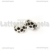 Rondella foro largo puntinata strass neri in metallo argentato 11x5mm