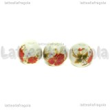 Perla in ceramica bianca con fiore rosso 12mm