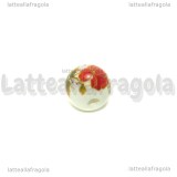 Perla in ceramica bianca con fiore rosso 12mm