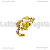 Ciondolo Gatto con Pesce in metallo dorato smaltato 32x16mm