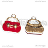 Charm Borsa in metallo argentato smaltato rosso con strass 19x16mm