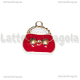 Charm Borsa in metallo argentato smaltato rosso con strass 19x16mm