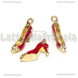 Ciondolo Scarpa con Tacco 3D in metallo dorato smaltato rosso e strass 25x5x11mm