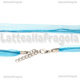 Collana in organza e cotone cerato azzurro 43cm catena di allungamento toni argentati