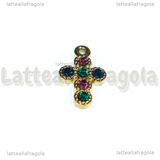 Ciondolo Croce in Acciaio Inox placcato oro 18K con strass 16x10mm