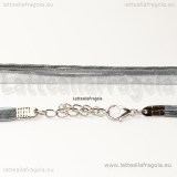 Collana in organza e cotone cerato grigio 43cm con catena di allungamento toni argentati