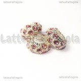 Rondella foro largo puntinata strass rosa in metallo silver plated 11x5mm