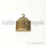 Ciondolo gabbia con uccellino in metallo color bronzo 31x24mm