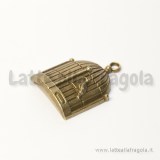 Ciondolo gabbia con uccellino in metallo color bronzo 31x24mm
